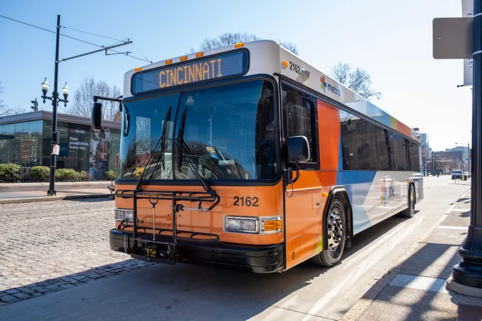 Cincinnati publiv bus with orange front.
